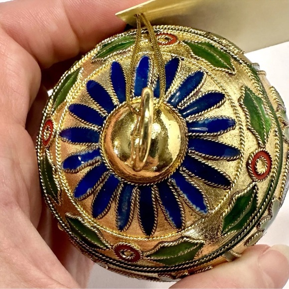Cloisonné Enamel Ornament Gold Plate Red Blue Green Flower & Holly Artisan Made - Picture 5 of 13